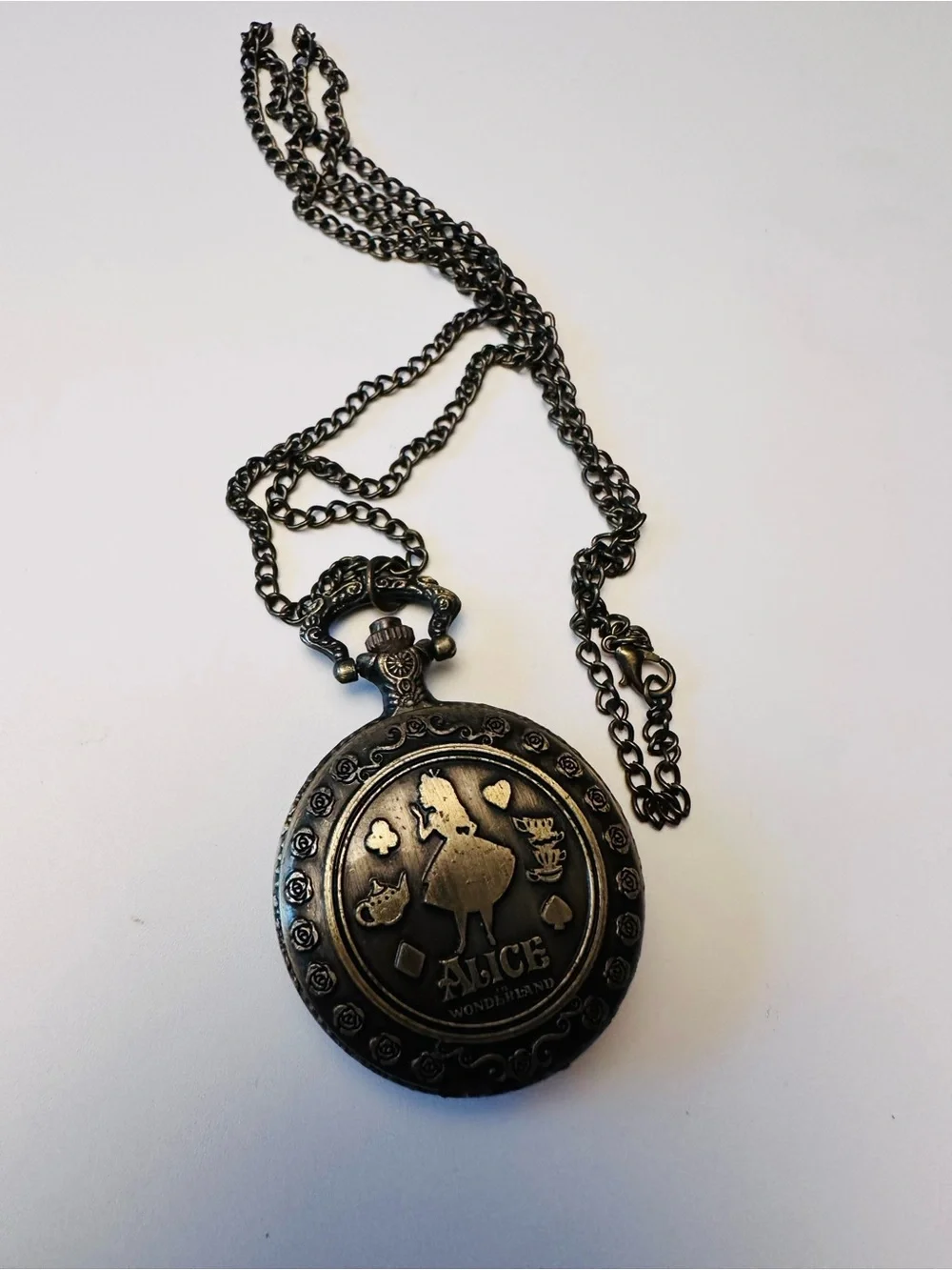 Bronze Alice in Wonderland Pocket Watch with chain 28” NEW UNTESTED NO BOX